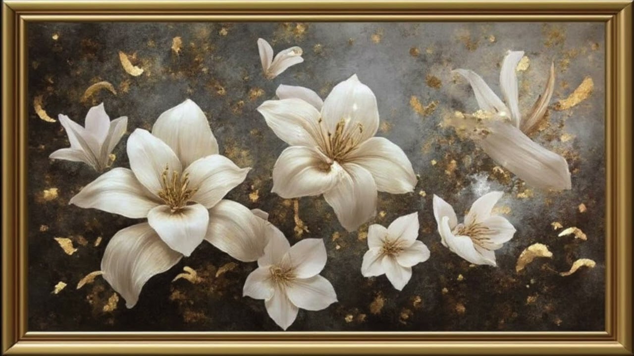 Beautiful Lilies Vintage Muted Painting in Golden Frame 4K TV Art Screensaver Wallpaper Background