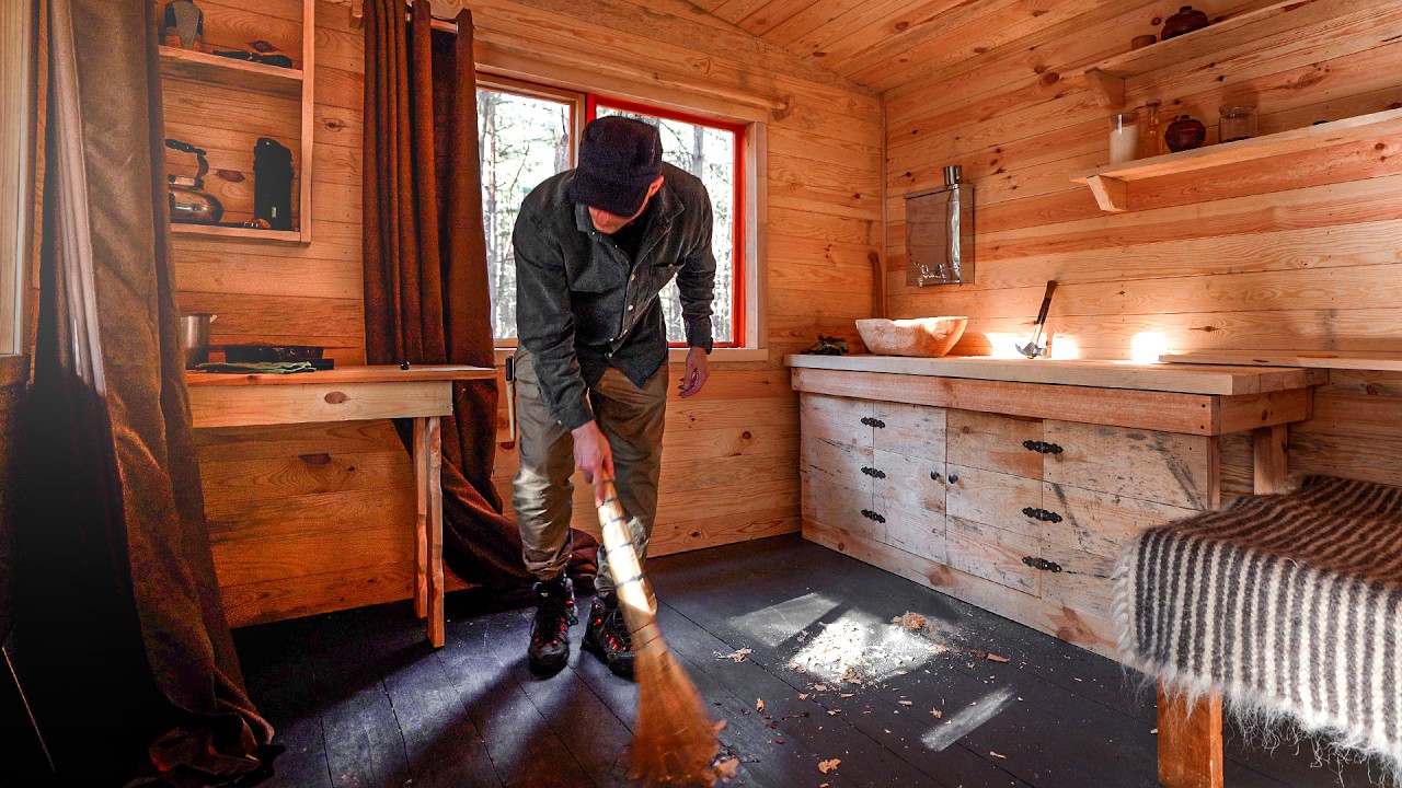 Handcrafted forest cabin interior, Wooden tiny house, rain and thunderstorm