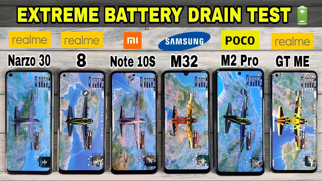 Redmi note 10s vs Realme Narzo 30 vs Realme 8 vs Poco M2 Pro vs Samsung M32 pubg battery drain test