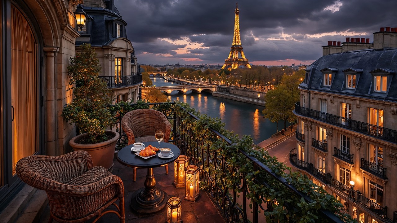 Paris Evening Balcony Jazz ☕ Relaxing Caf&eacute; Jazz Ambience with Eiffel Tower View for Study & Work
