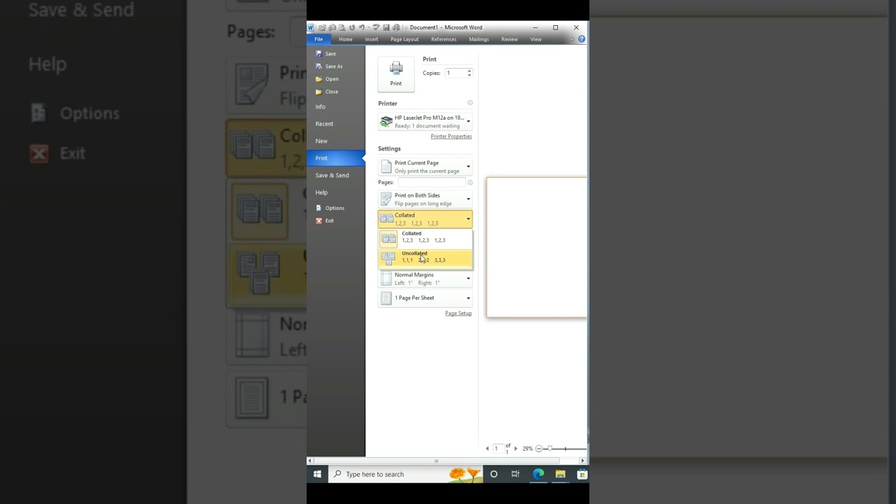 How to print uncollated in MS word