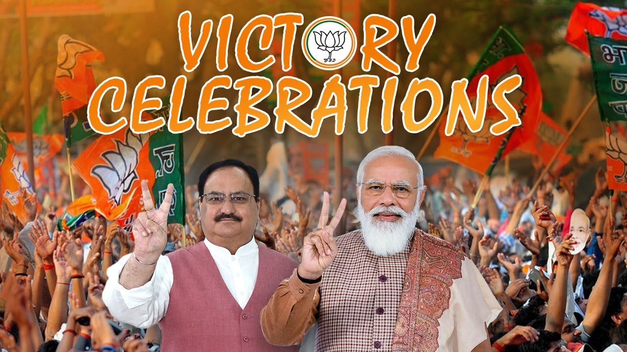 Victory celebrations at party headquarters on BJP's landslide victory in Assembly Elections 2022