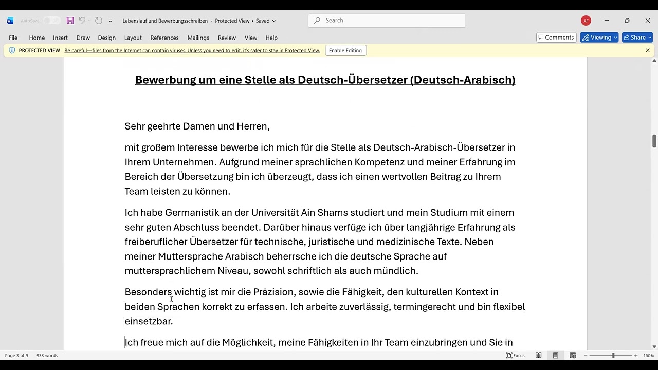Lebenslauf – Deutsch-Arabisch-Übersetzer -  Motivationsschreiben