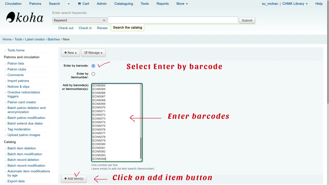Koha barcode printing