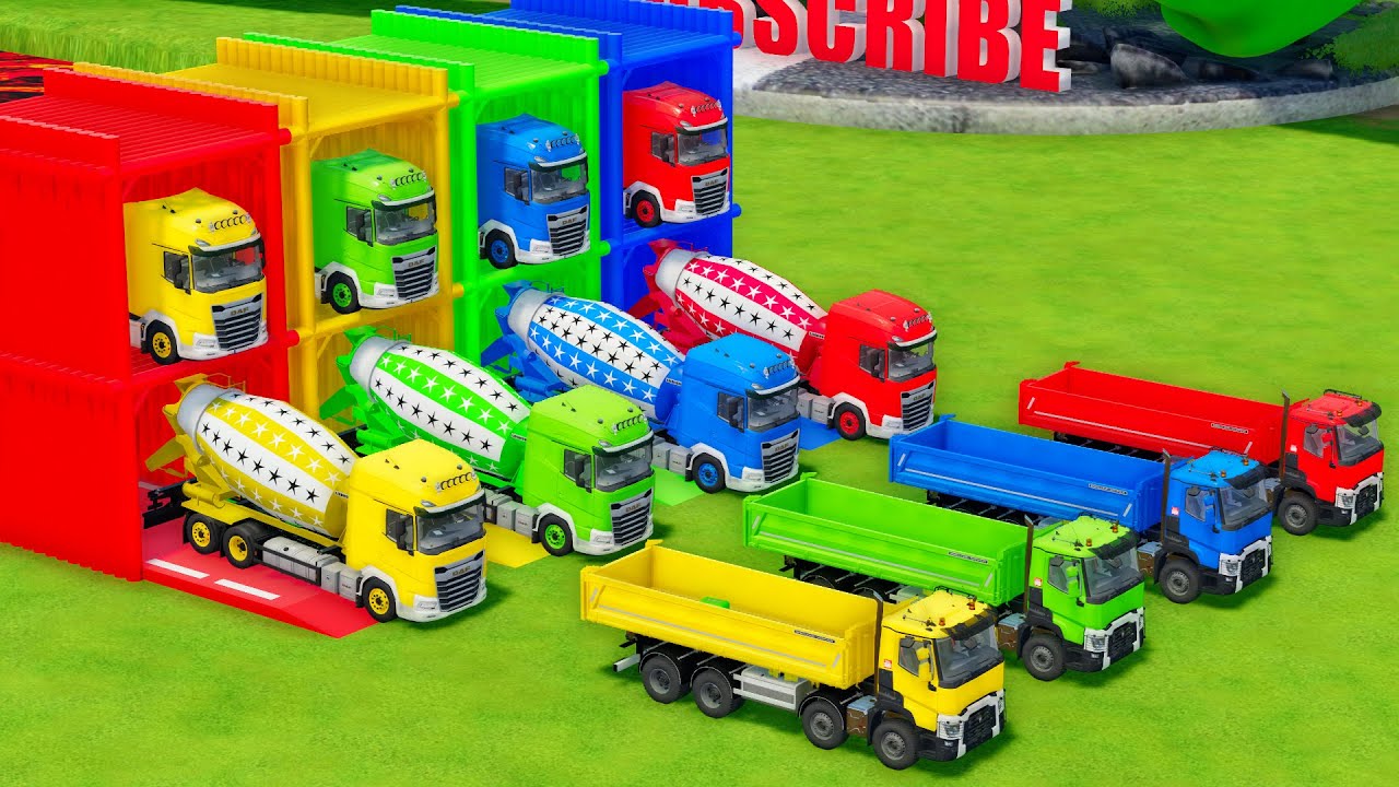 Garage with Colors - ALL MIXER TRUCK WITH DOUBLE FLATBED TRAILER TRUCK, DAF, RENAULT - FS22