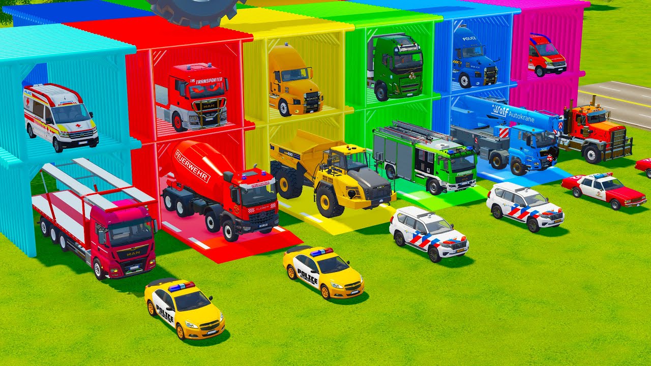 TRANSPORTING EMERGENCY & PUBLIC WORK VEHICLES, POLICE CARS, DUMP TRUCK, FIRE ENGINE TO GARAGE - FS22