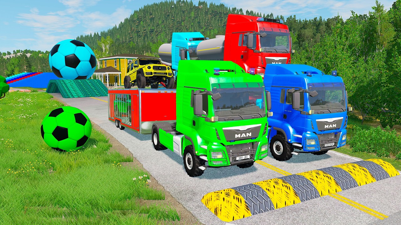 Double Flatbed Trailer McQueen Transportation with Truck - Speedbumps vs Cars vs Train - BeamNG #156