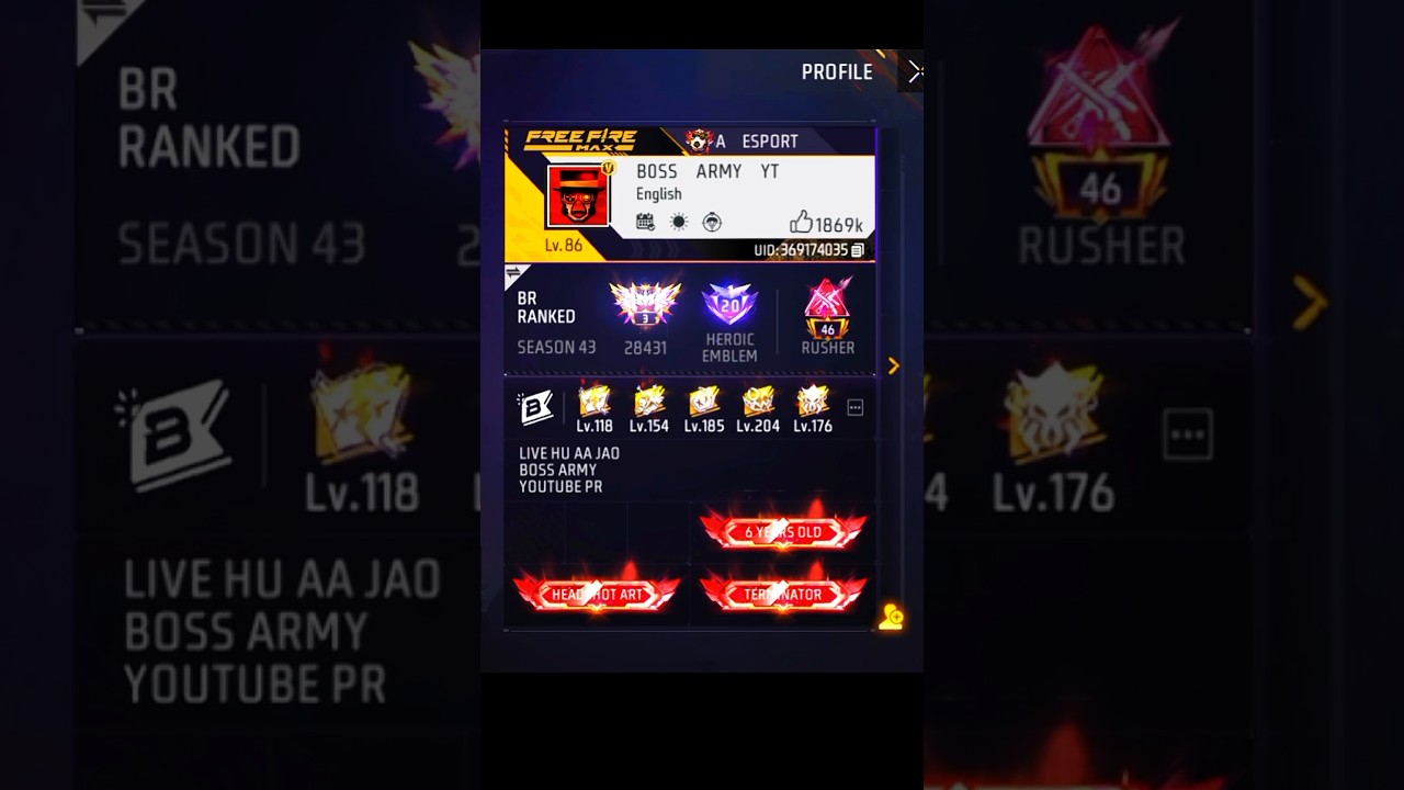 free fire id profile 😱 level 86 #freefire #daddycaling #garenafreefire #shorts