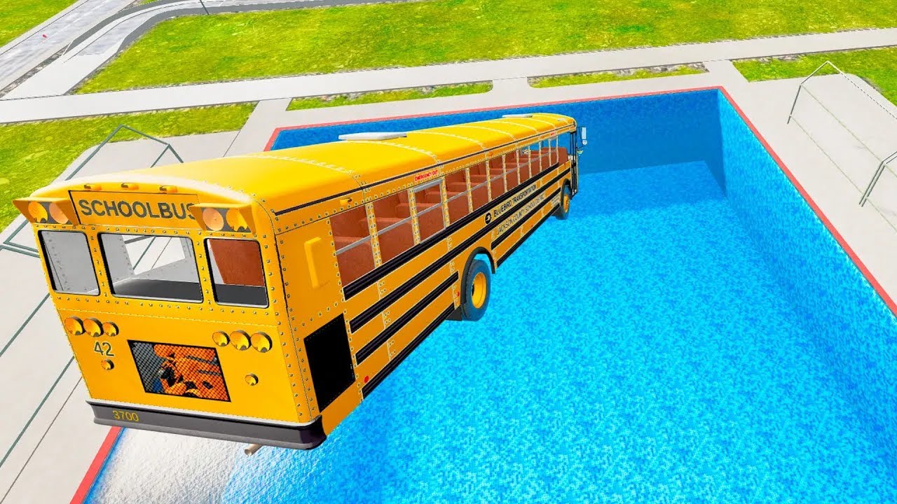 School Bus Down In Swimming Pools – Epic BeamNG Drive Bus Crash Test in BMG Simulation