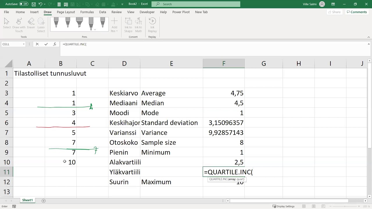 Tilastolliset tunnusluvut (Excel)