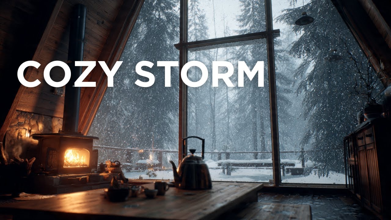 COZY STORM — Stove Fire & Kettle Sounds | Winter Cabin (4 MIN)