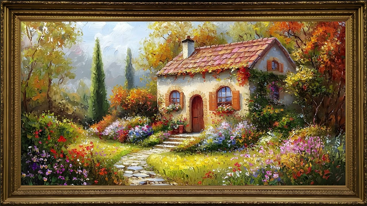 Floral Cottage Garden, Impressionist Oil Painting | Gold Framed Art Screensaver for TV