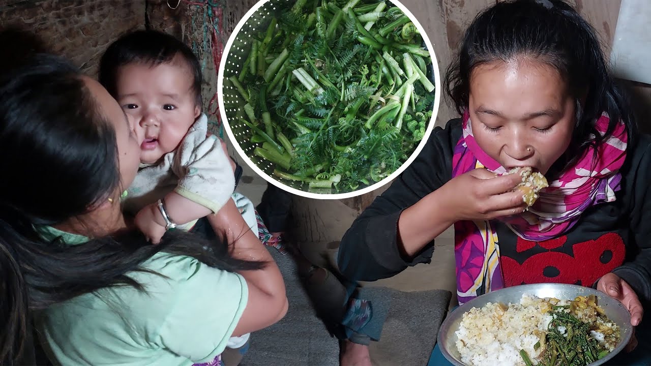 Fiddlehead Recipe with Rice Cooking &  Eating Village style || निगुरो सँग भात खाको Village life vlog