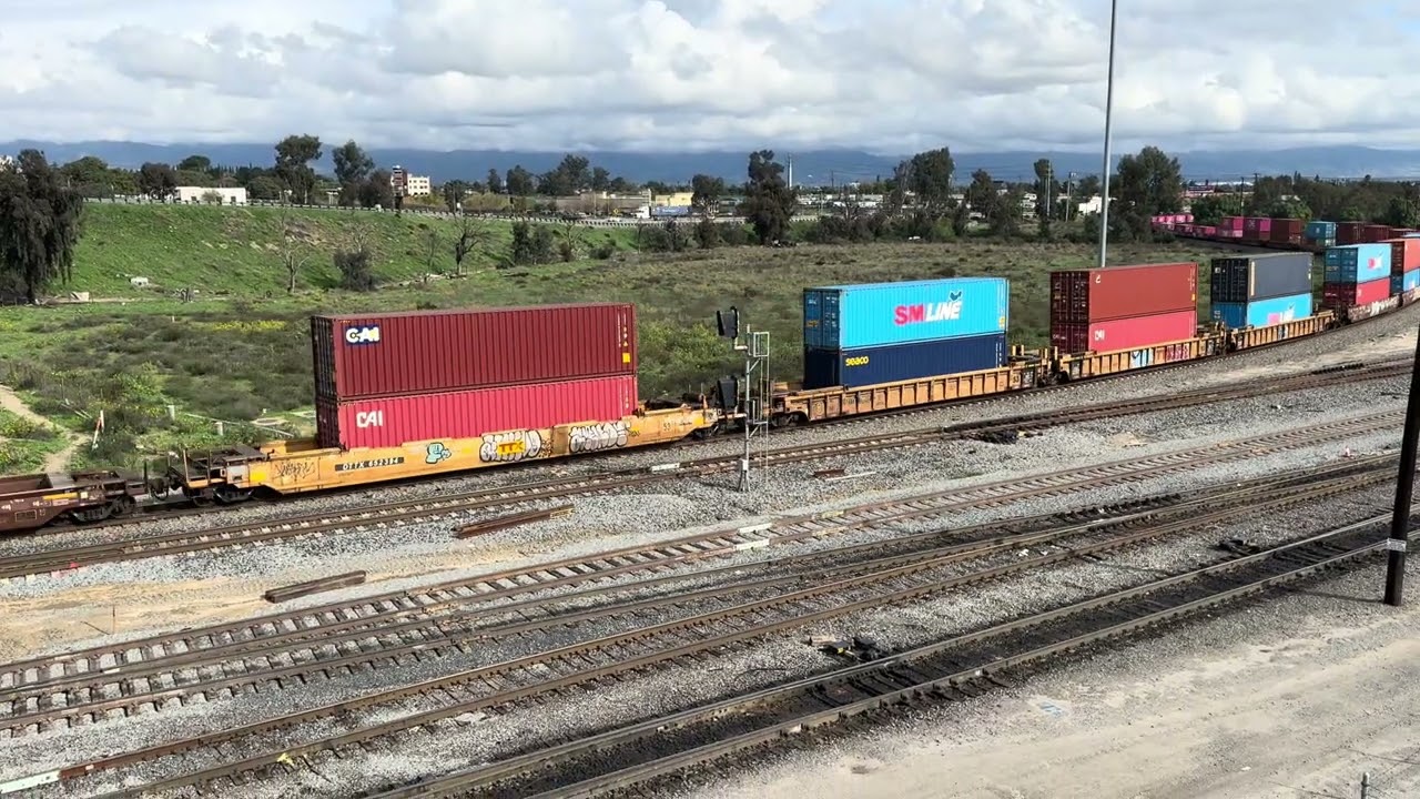 UP 8336 Leads Eastbound Monster Stack Train Rolling Through West Colton Yard.