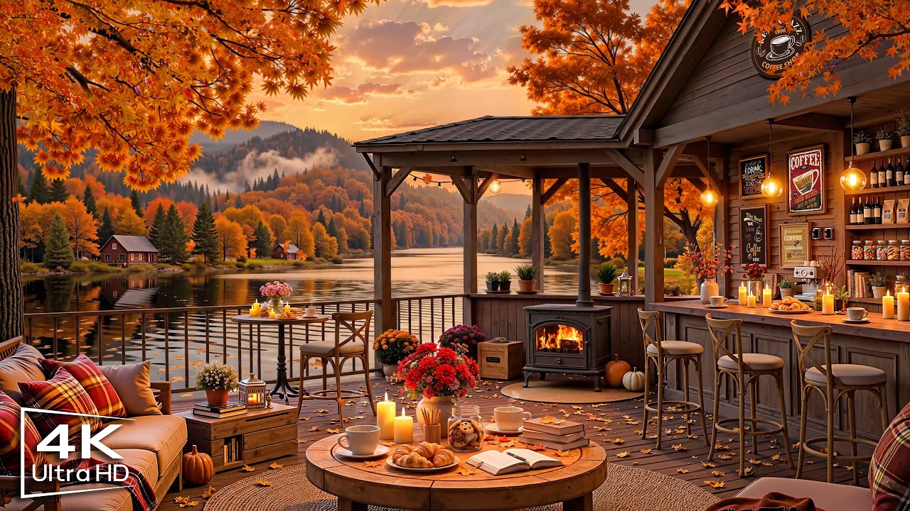 Relaxing Autumn Day at Cozy Porch Ambience 🍂 Warm Jazz Instrumental Music for Studying & Working