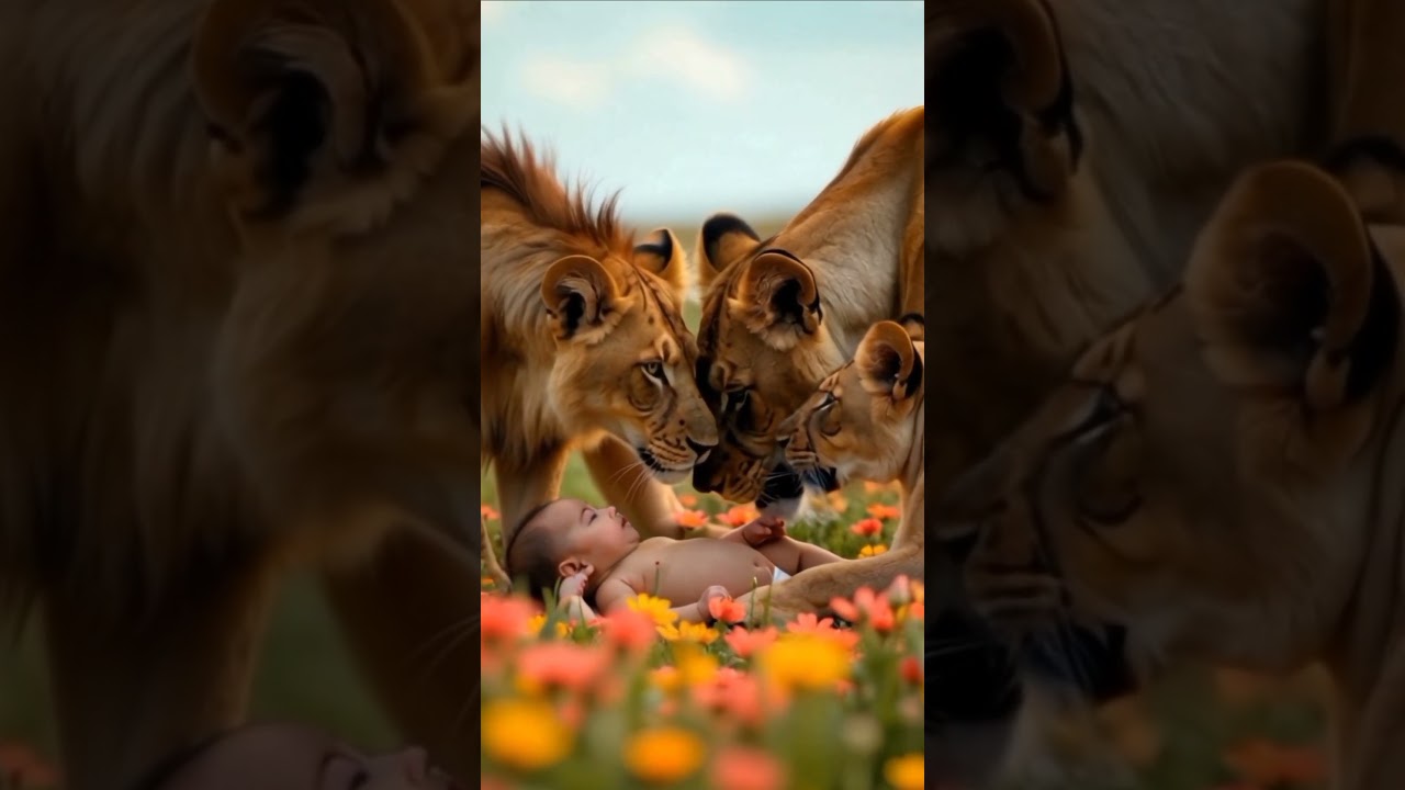 Lions kissing the cute baby 😍 #lionattack #cutebaby #lionsong #aigenerated #bluelion #baboo #ai