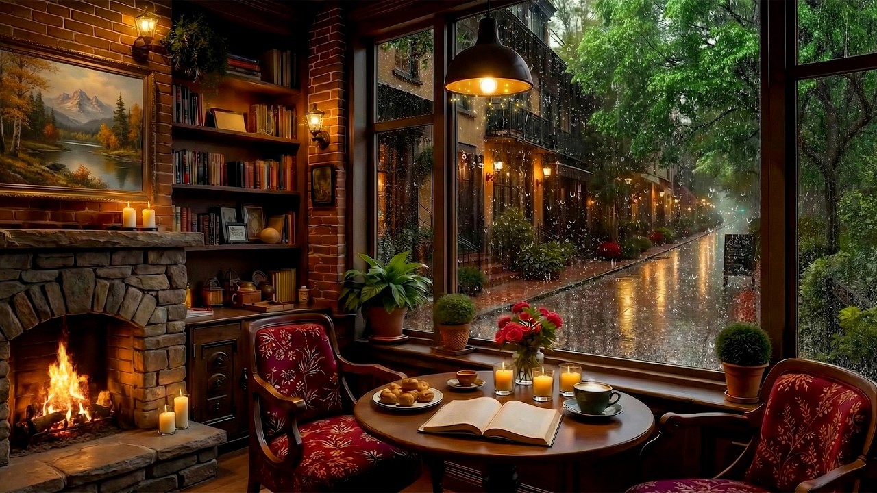 Calm Rain Coffee Shop by the Fireplace 🌧️ Soft Jazz Piano with Coffee Shop Vibes for Sleep & Focus
