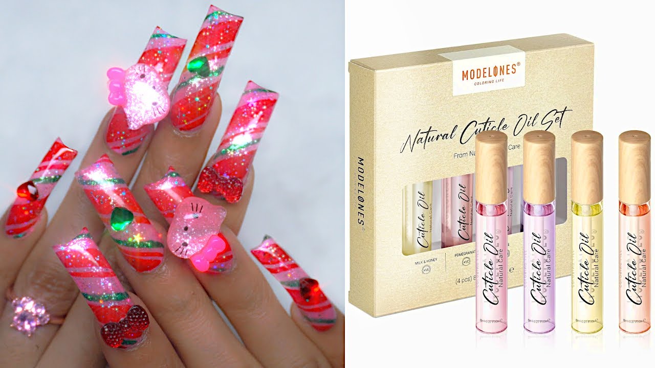 DIY Pink XMAS Candy Cane Curve Hello Kitty Nails! ft. MODELONES new Cuticle Oils!!