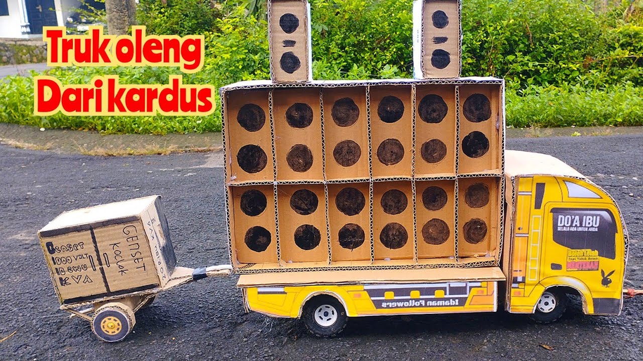 Truk oleng kardus jadi truk towing muat sound horeg gaiss,dan gensetnya 