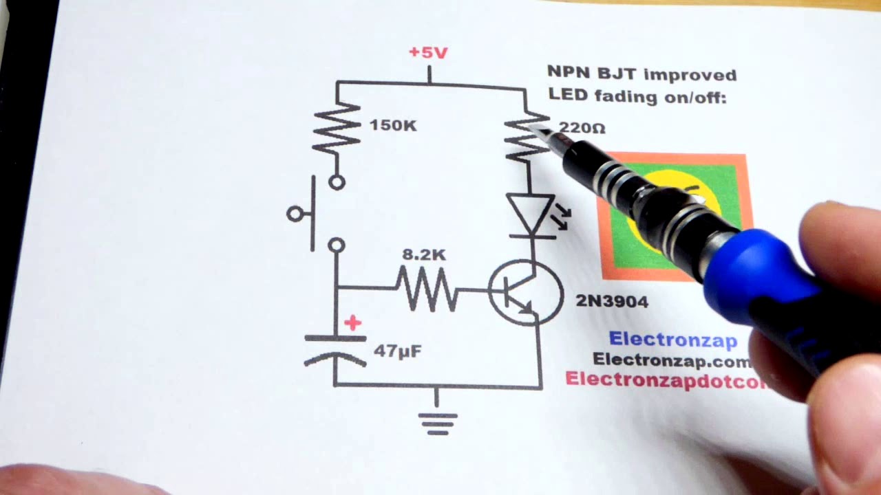 LED fade on off improved with NPN BJT improved capacitor controlled by push button switch circuit