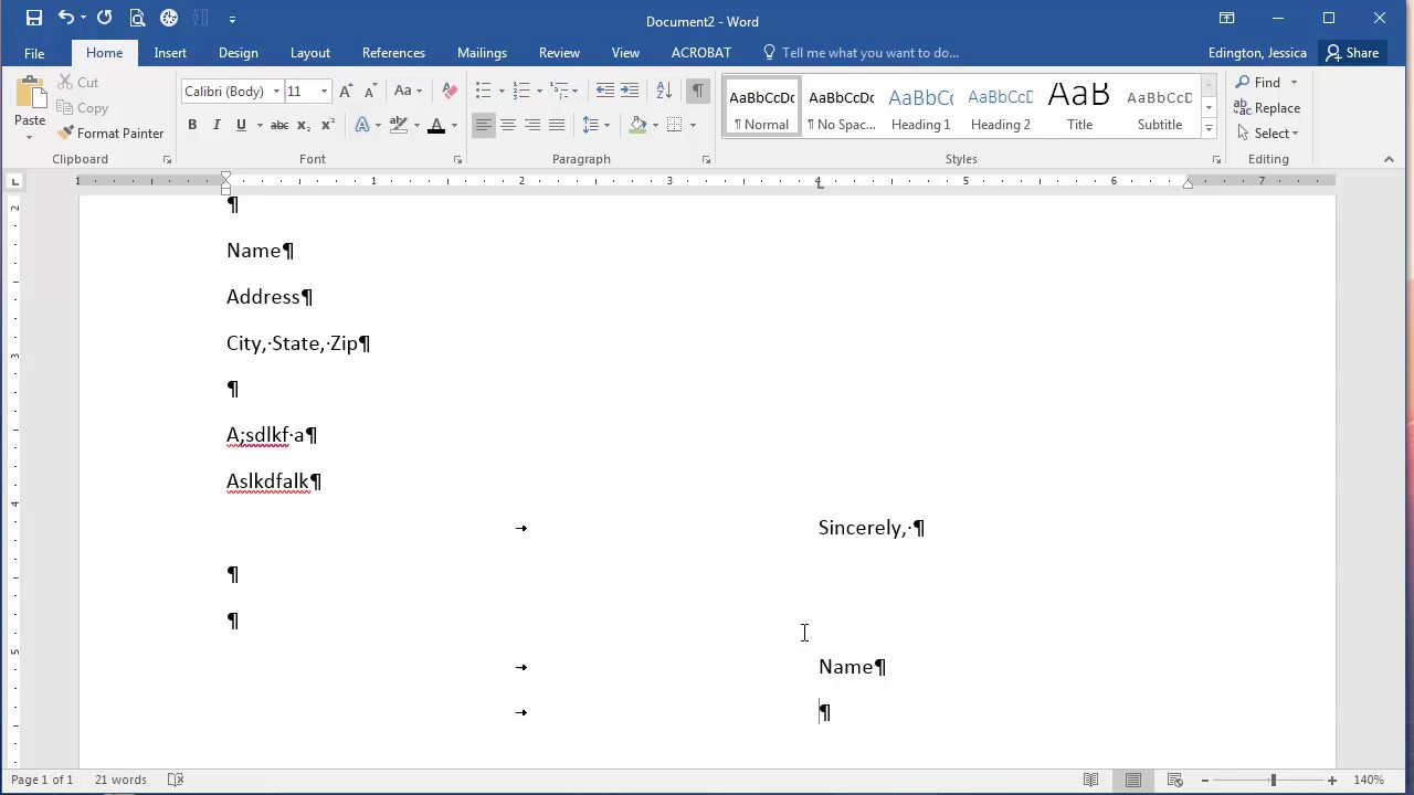 Microsoft Word 2016 - Creating Tab Stops