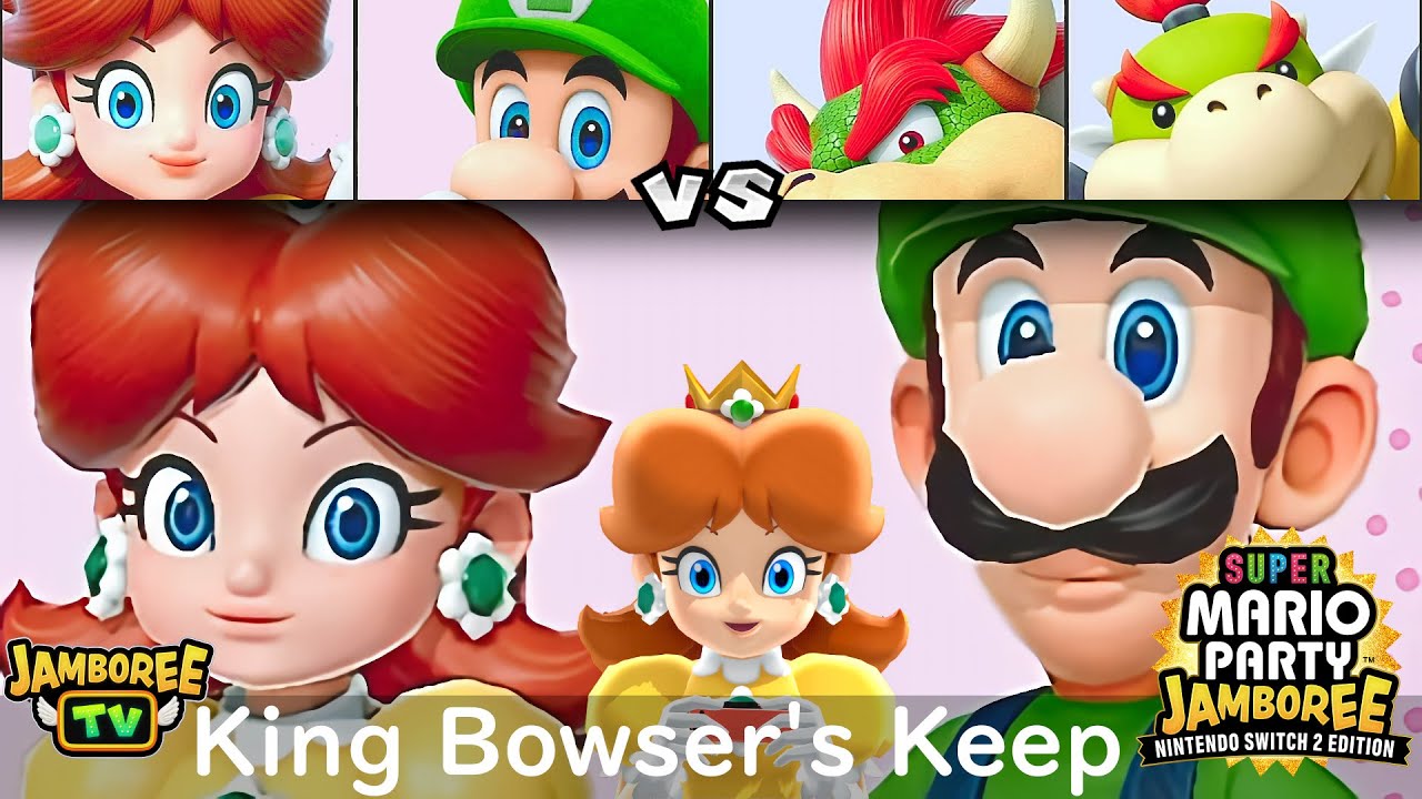 Super Mario Party Jamboree Daisy and Luigi vs Bowser and Bowser Jr in King Bowser's Keep