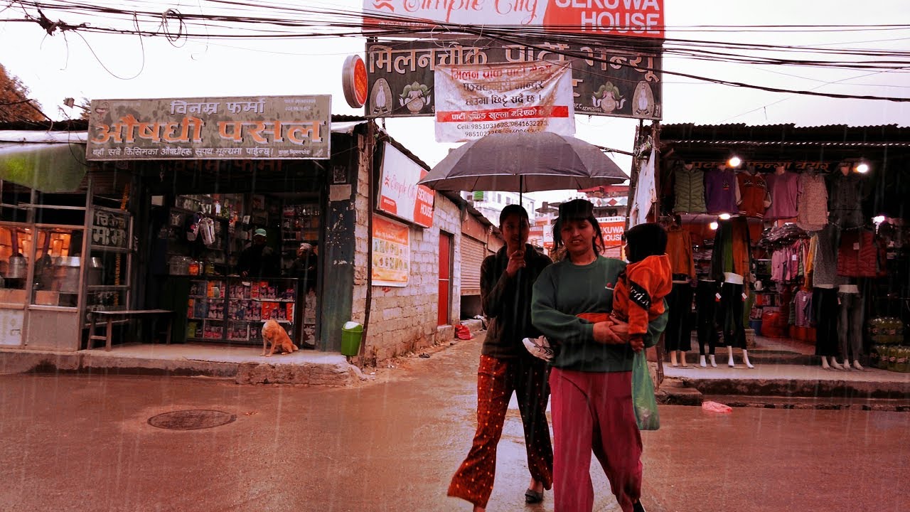 Winter Rain Showers in Suburbs of Kathmandu City | Travel Nepal 4K | Binaural City Rain Sounds ASMR