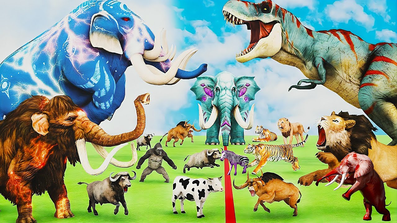 5 Giant Elephant Cow Vs Giant Angry Indian Elephant Vs 5 Giant Lion Tiger Saved By Wolly Mammoth🌈