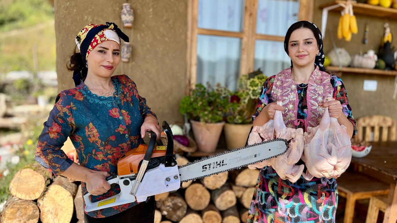 Приготовление куриного рагу фесенджун с рисом и салатом из свежих овощей в деревне