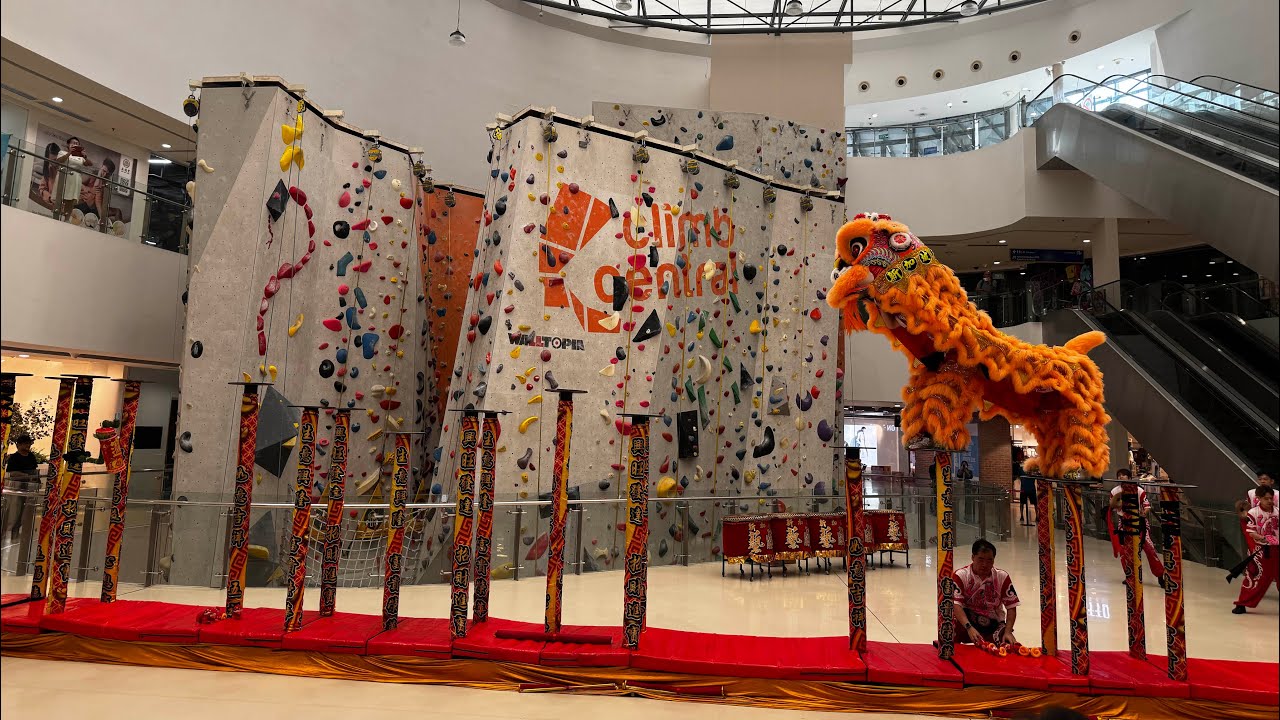 [4K]High Poles Lion dance, War drum and Cai qing by Yi Wei @ Kallang Wave Mall 05 Feb 2025