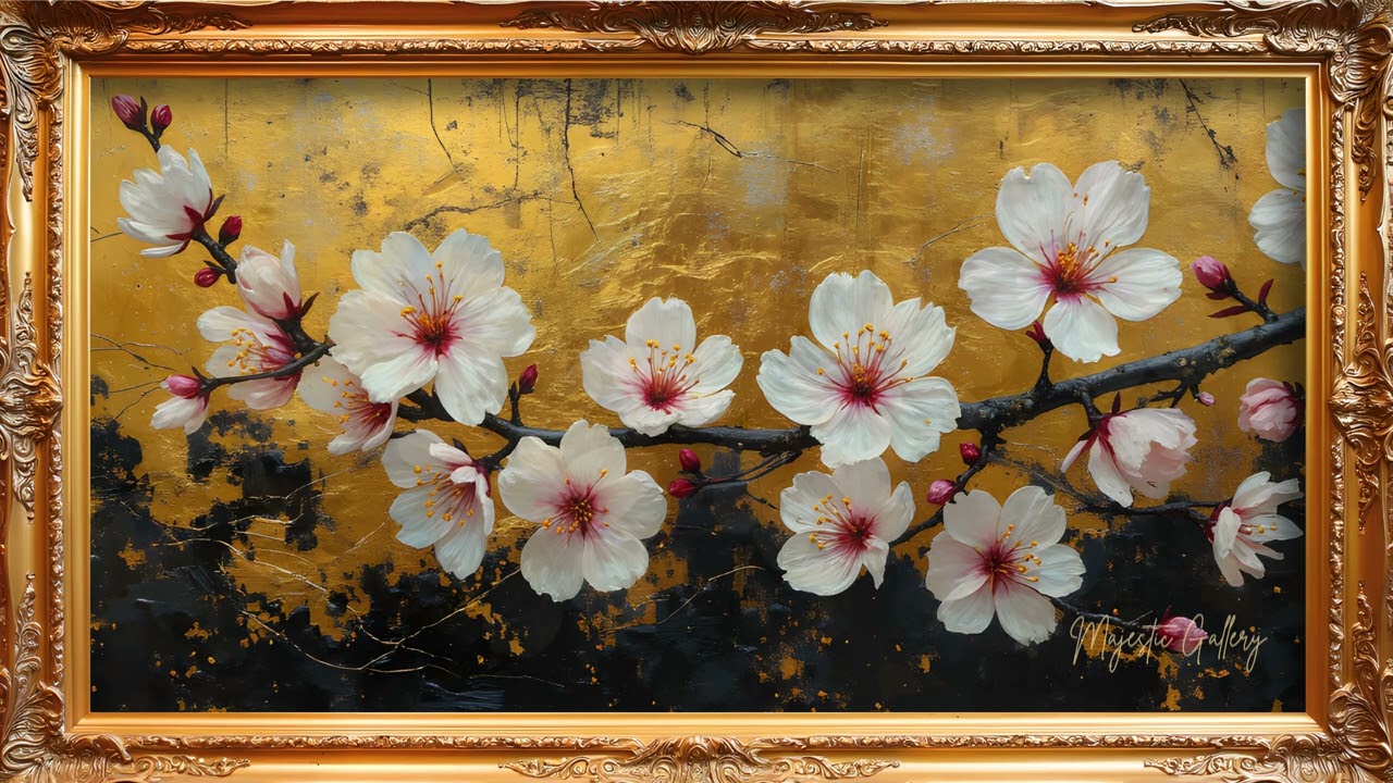 Cherry Blossoms on Gold 4K SCREENSAVER | Gold Frame TV ART