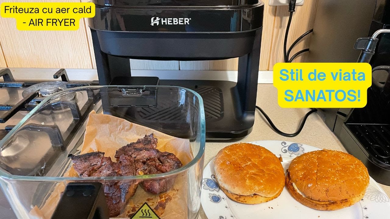 Airfryer - Air fryer - Friteuza cu aer cald Heber, Milano, gratar din inox, 5.5L, 6 programe, 1200W