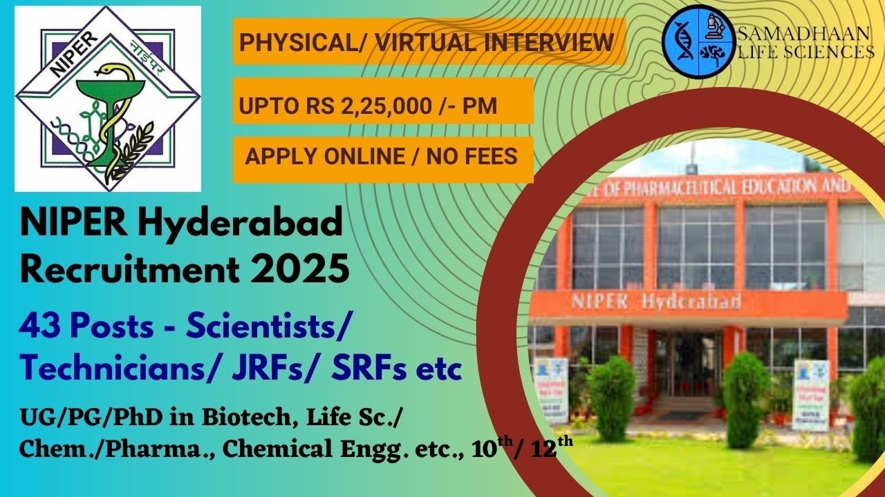 NIPER HYD Recruitment 2025 | 43 Posts | 10th/ 12th UG-PhD Eligible | Upto  ₹2.25 Lakh PM | No Fees