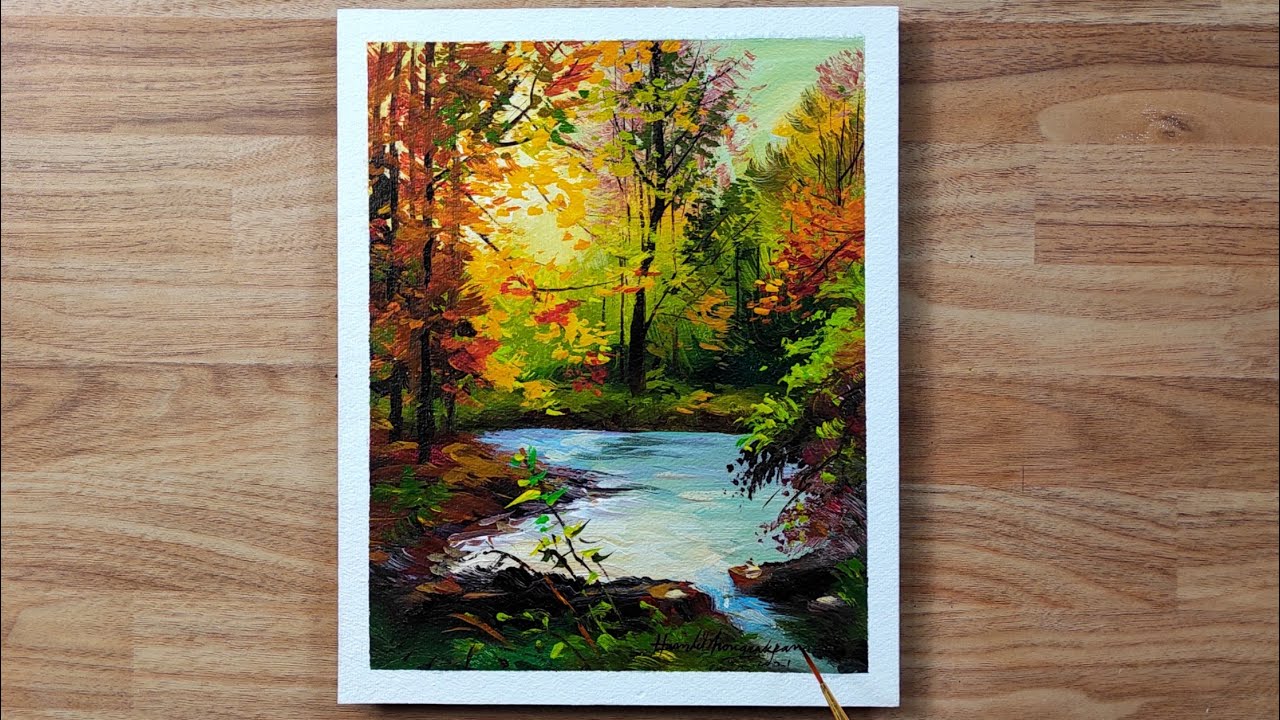 Autumn Pond / Acrylic Landscape Painting on Paper / Hamlet Shougrakpam Art