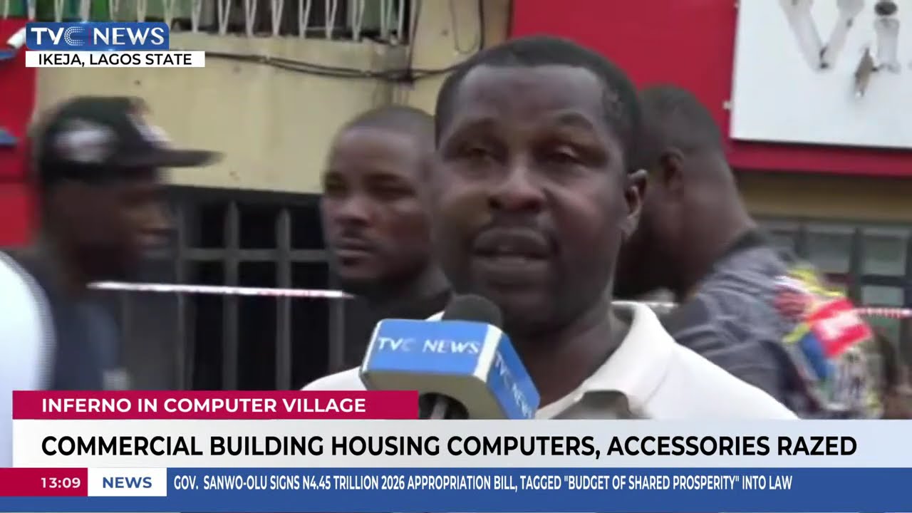 Miyen Akiri Gives Live Update from Computer Village as Fire Guts Commercial Building