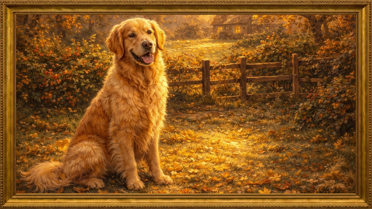 Golden Retriever in Autumn Garden | 4K Art Screensaver | 2 Hours Silent Painting Display for Your TV