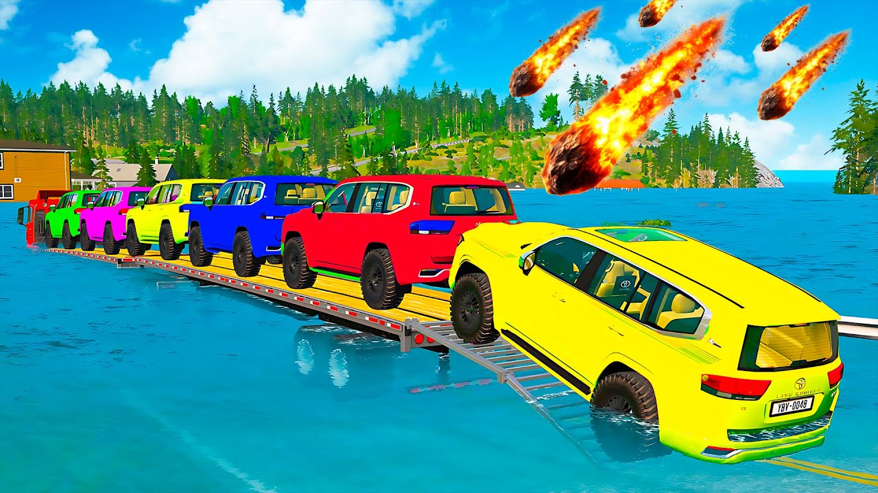 Triple Flatbed Trailer McQueen Transportation with Truck - Speedbumps vs Cars vs Train - BeamNG #80