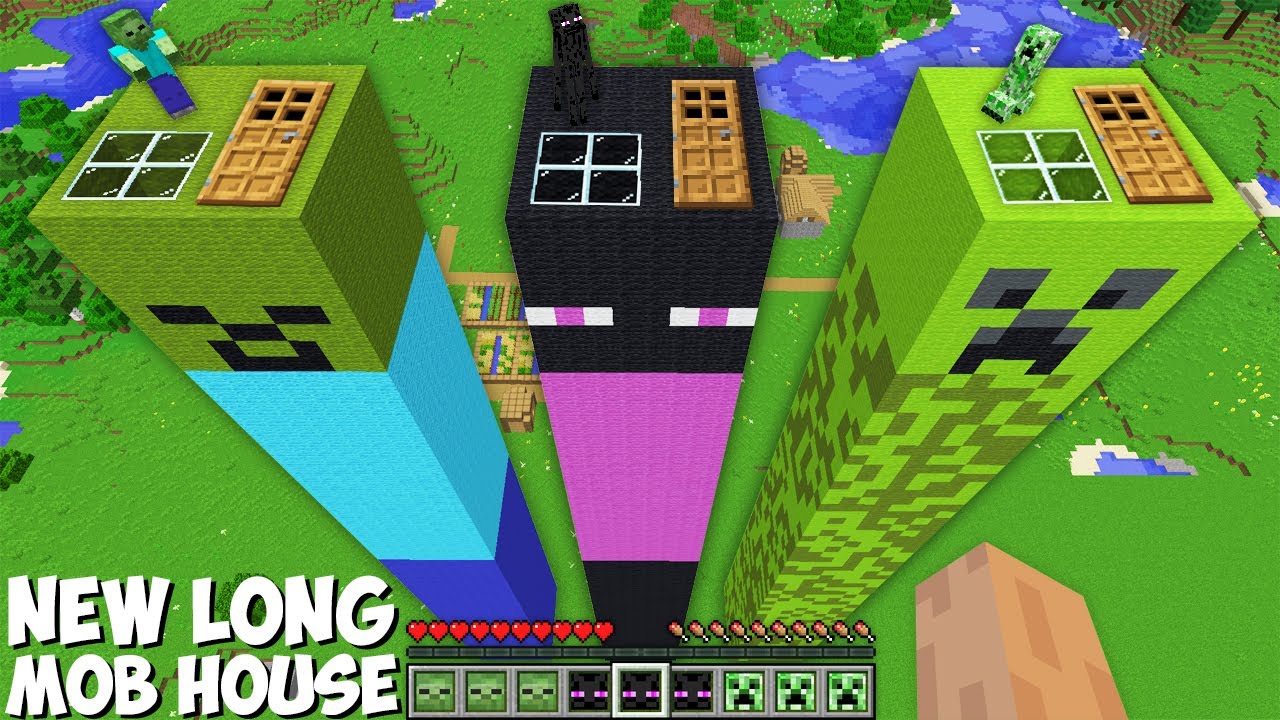 I found SUPER LONG MOB HOUSE INSIDE ZOMBIE vs ENDERMAN vs CREEPER Minecraft ! SECRET HOUSE !