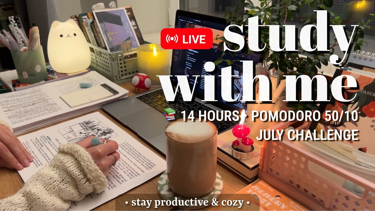 Challenge &bull; 14 HOURS &bull; STUDY WITH ME 🔥 Fireplace Sound for Best Focus | Pomodoro 50/10