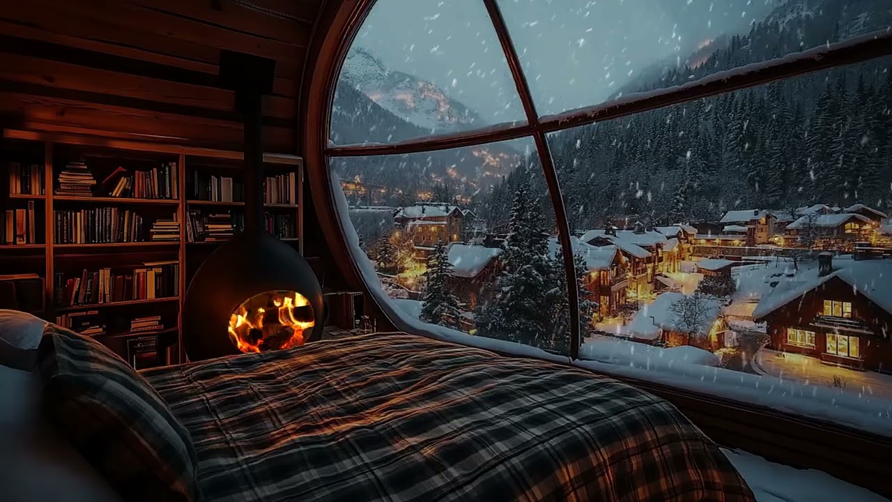 Cabane Enneigée de Nuit avec Cheminée Chaleureuse pour un Sommeil Paisible