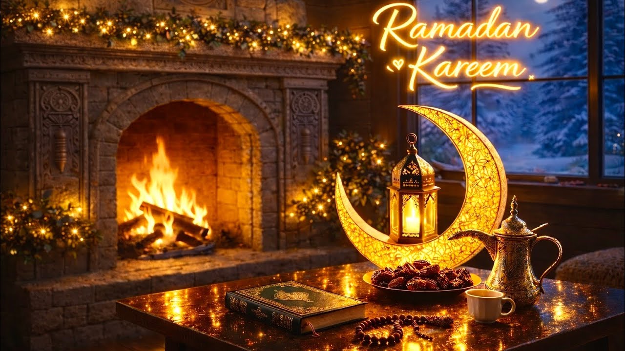 Ramadan Kareem 🌙 Cozy Fireplace Ambience | Ramadan Background 4K خلفية شاشة رمضان وأجواء مدفأة مريحة