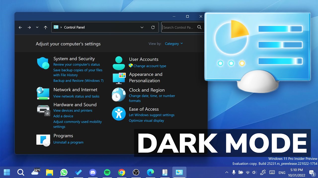 Включить панель управления с темным режимом в Windows 11
