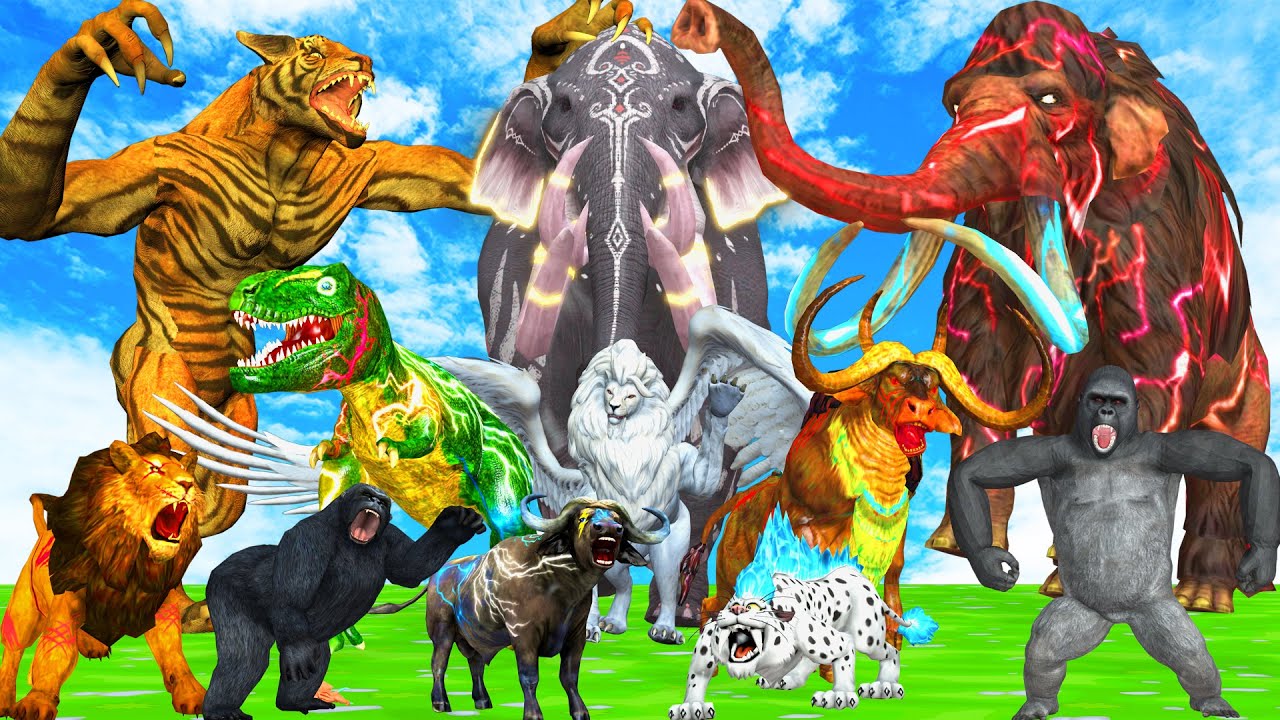 15 Mammoth Elephant Cow Bufallo vs 5 Giant Tiger Wolf Zombie Fight Baby Cow  Saved By Woolly Mammoth