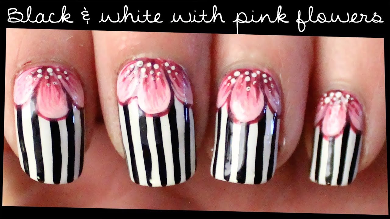 Black & White with Pink Flowers nail art