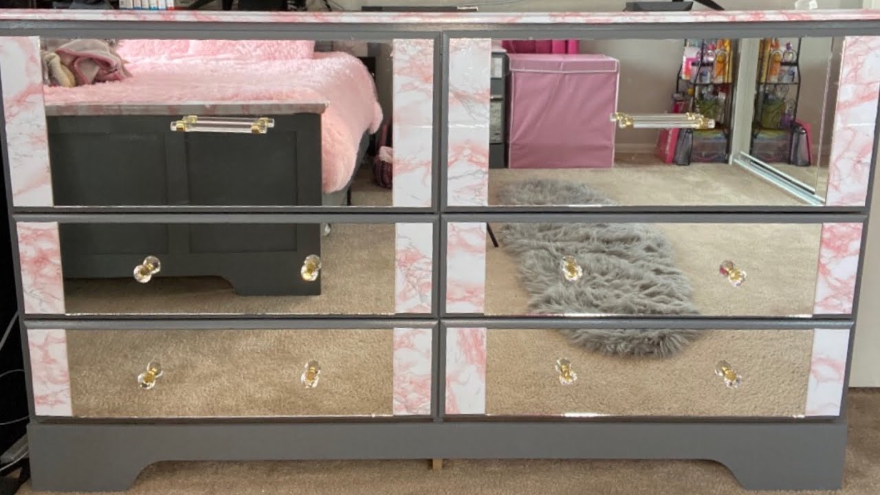 Furniture Makeover|DIY Pink Marble Mirrored Dresser & Nightstand Using Contact Paper|Glam Furniture