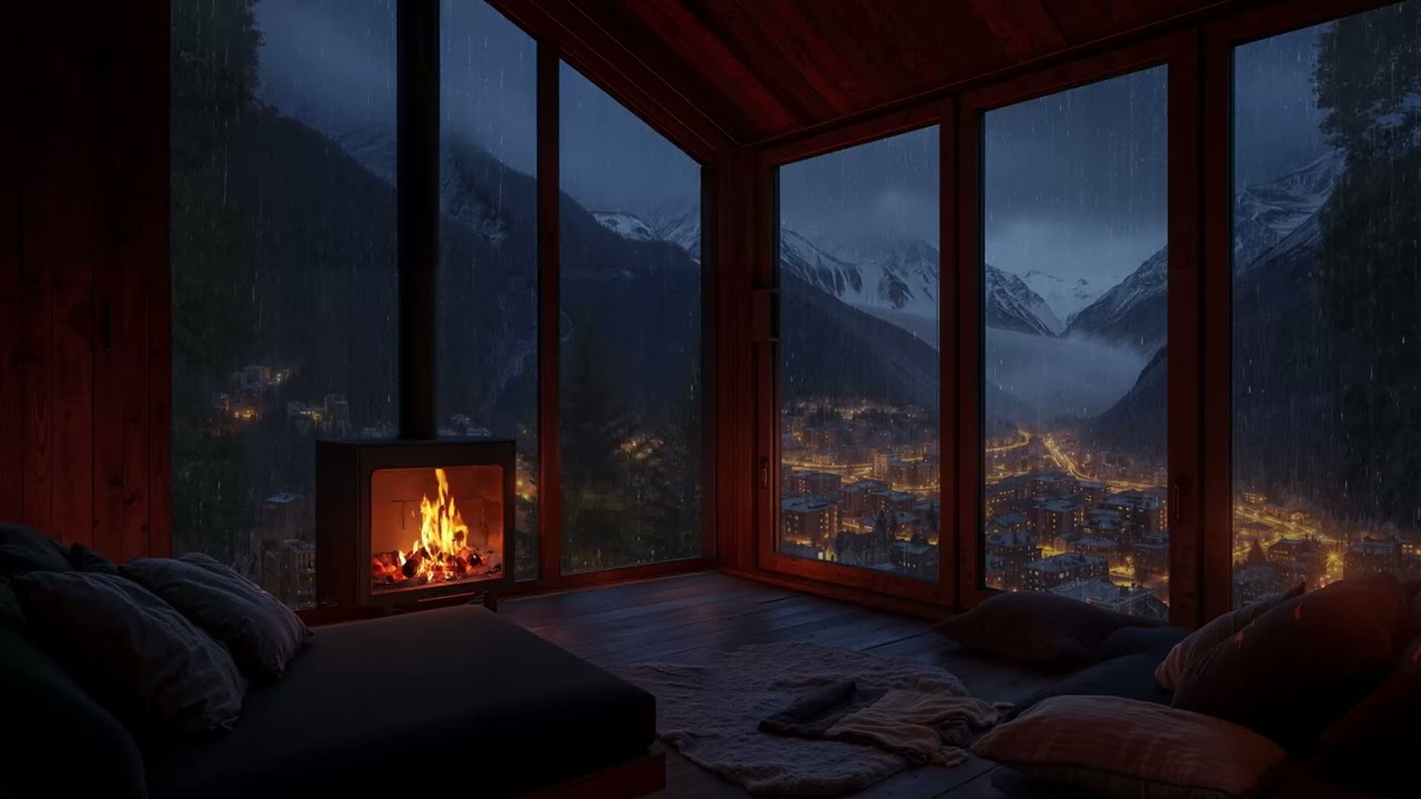 Midnight Rain in Cozy Cabin with Crackling Fire 😴🔥 Cozy Ambient for Sleep & Stress Relief