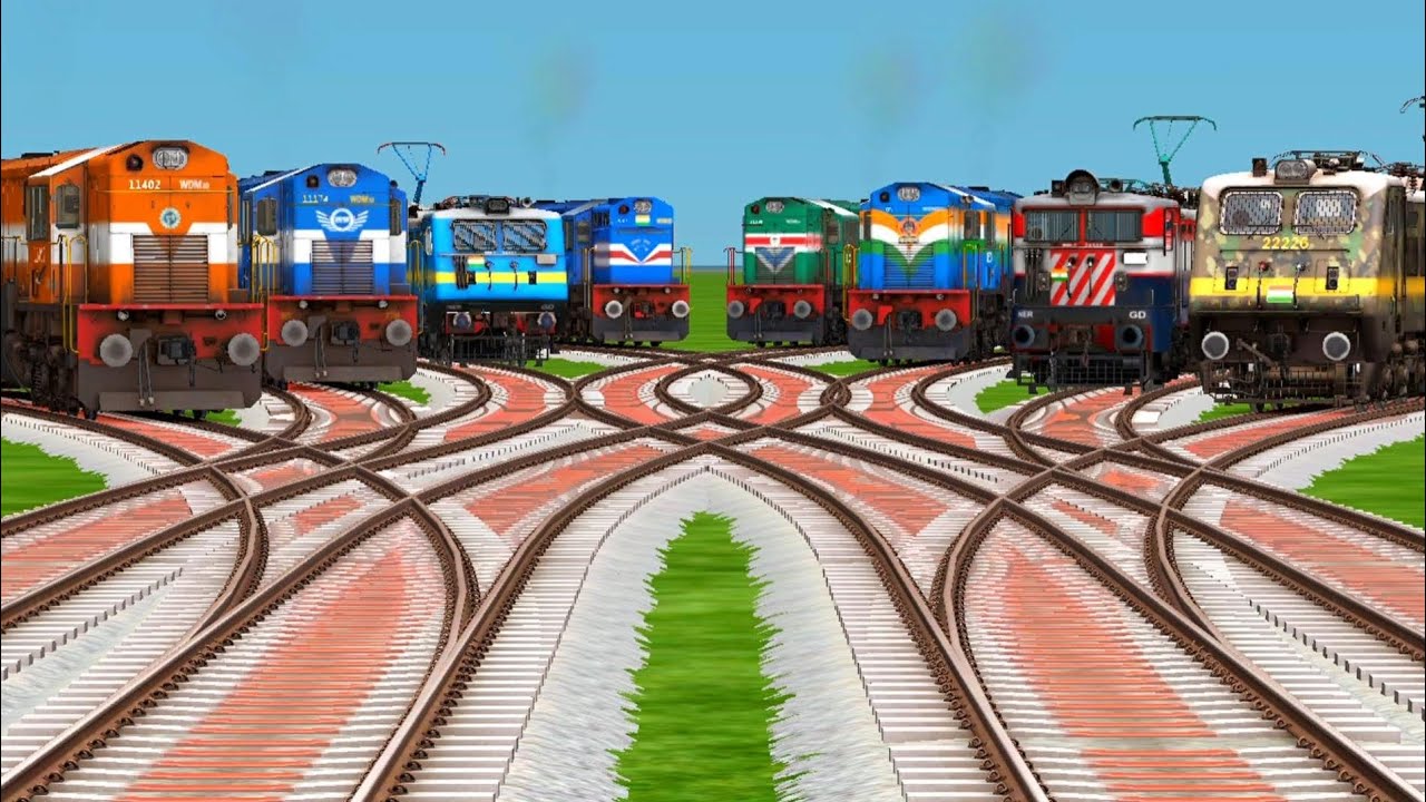 8 Trains Crossing By Bumpy Branched Railroad Tracks | train gameplay | train simulator classic 