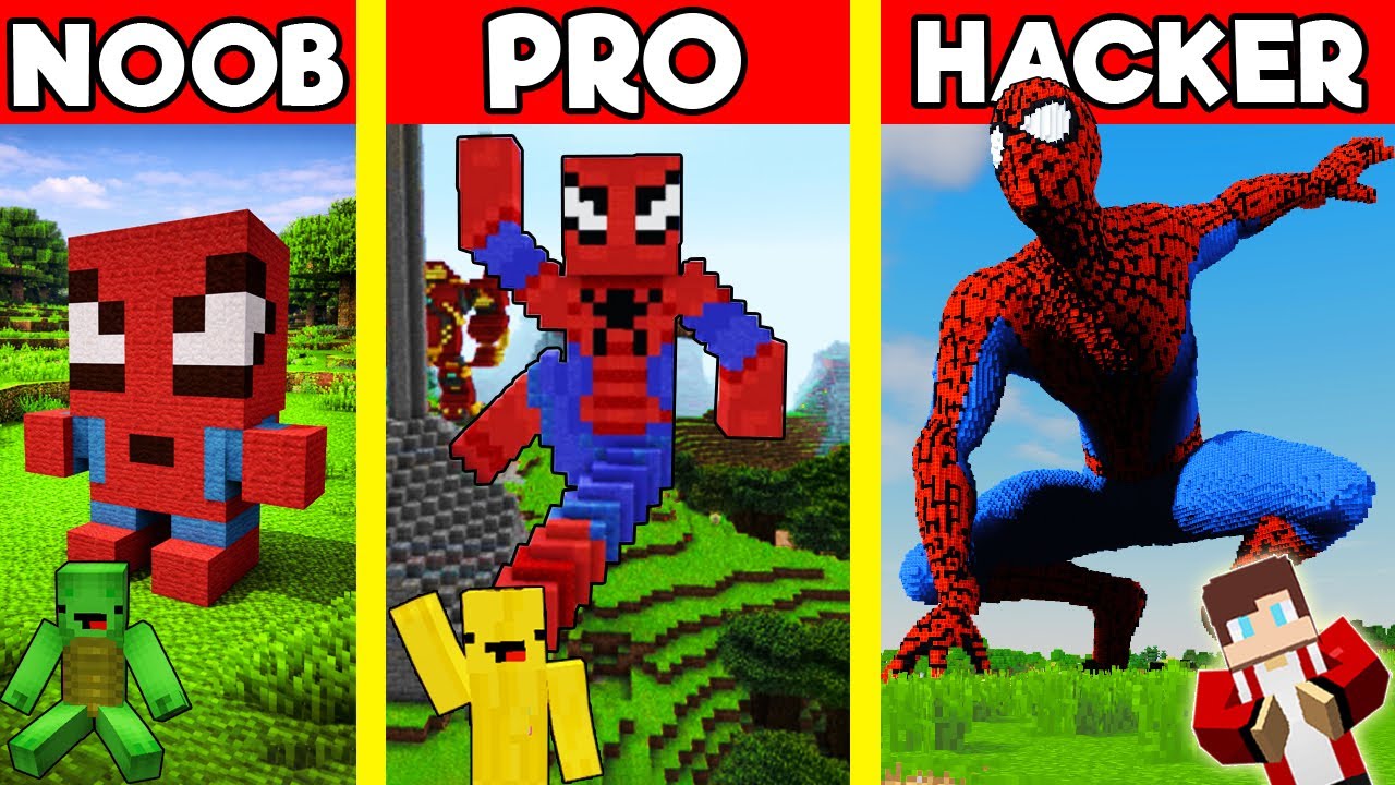SPIDER-MAN Statue House Build Battle In Minecraft - NOOB VS PRO CHALLENGE Maizen Mizen Mazien Parody
