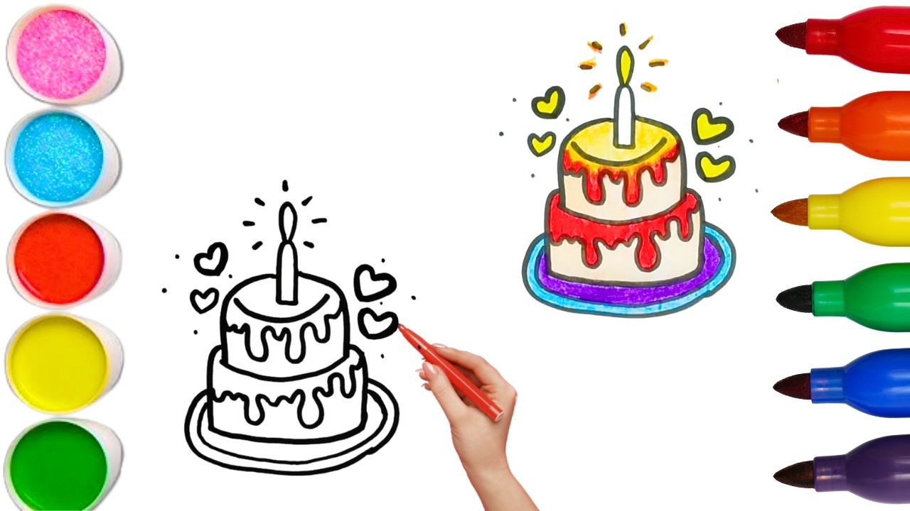 How To Draw cute Birthday Cake Drawing, Painting & Coloring For Kids and Toddlers_🌈🎨