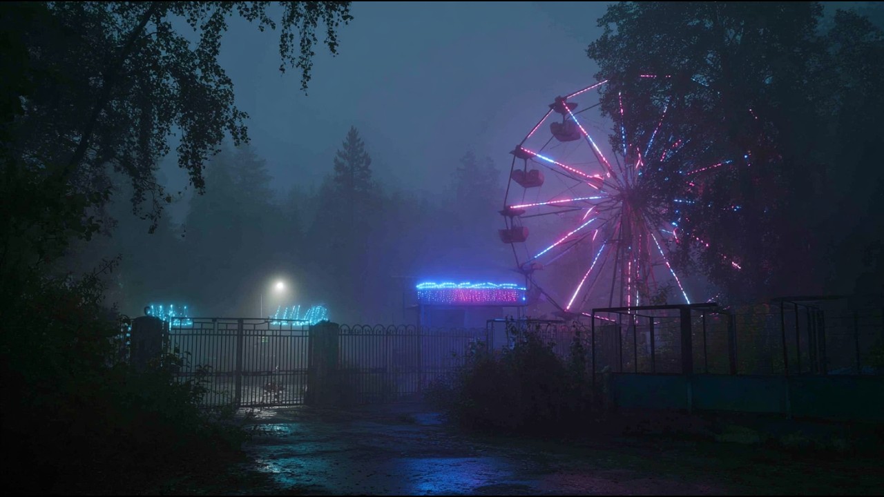 Cyber Rain Forest 🌧 30 MIN Ambient Soundscape | Abandoned Amusement Park in the Rain
